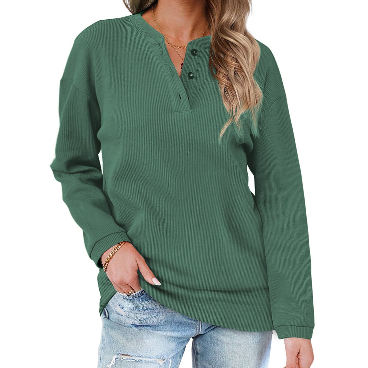 Rosvigor Sweatshirts for Women Henley Shirts Casual Long Sleeve Ribbed Tunic Button Up Tops
