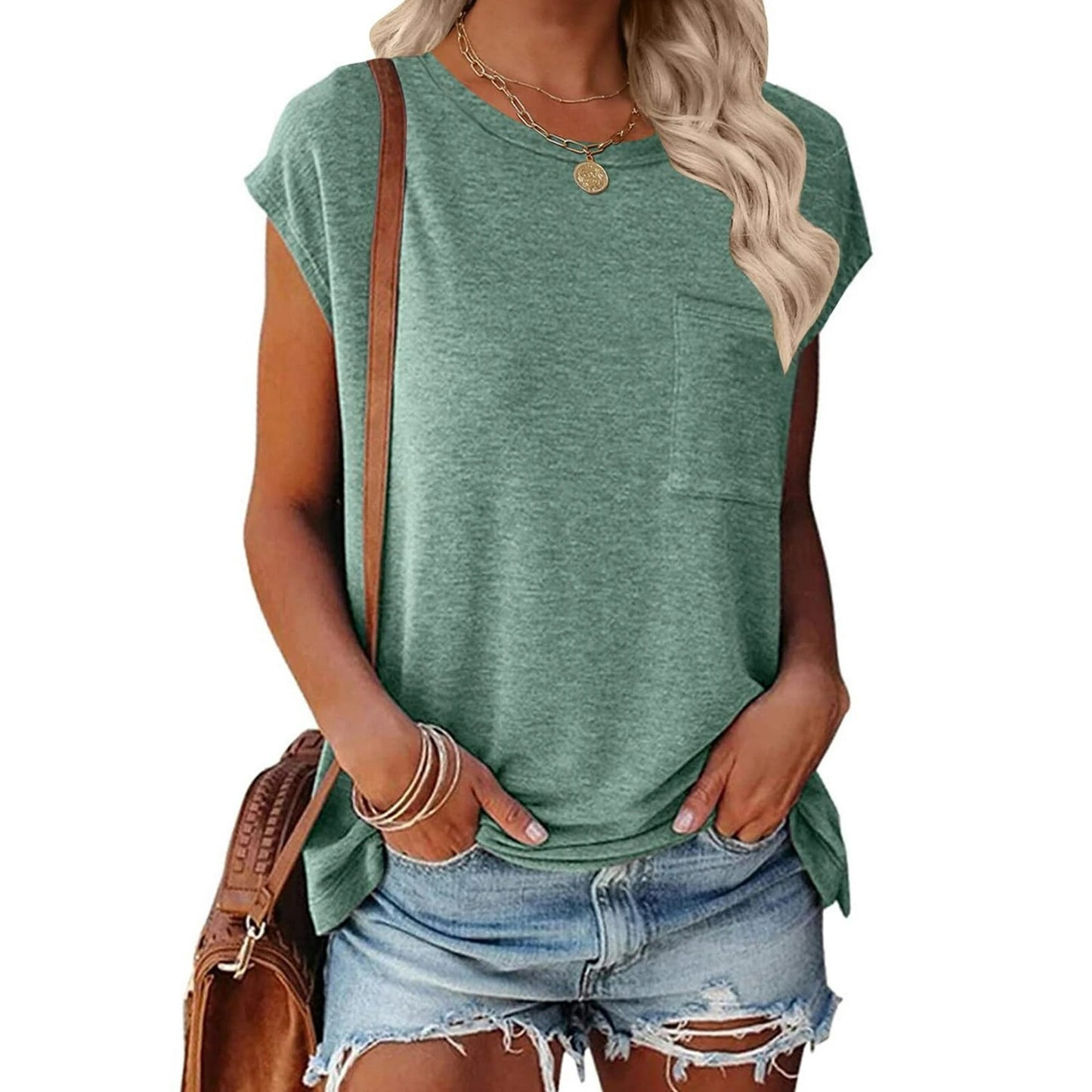 Rosvigor Women T Shirts Cap Sleeve Casual Tops for Women Summer Basic Tee with Pocket