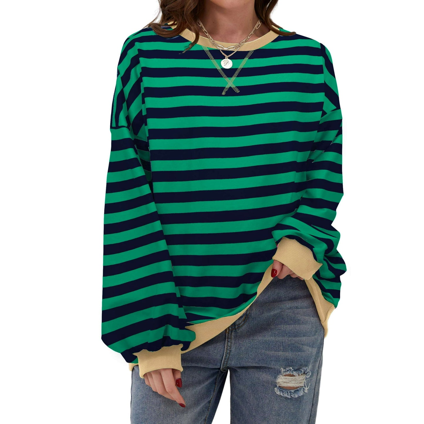 Rosvigor Womens Oversized Sweatshirt Casual Crewneck Long Sleeve Shirts Colorblock Striped Tunic Fall Tops