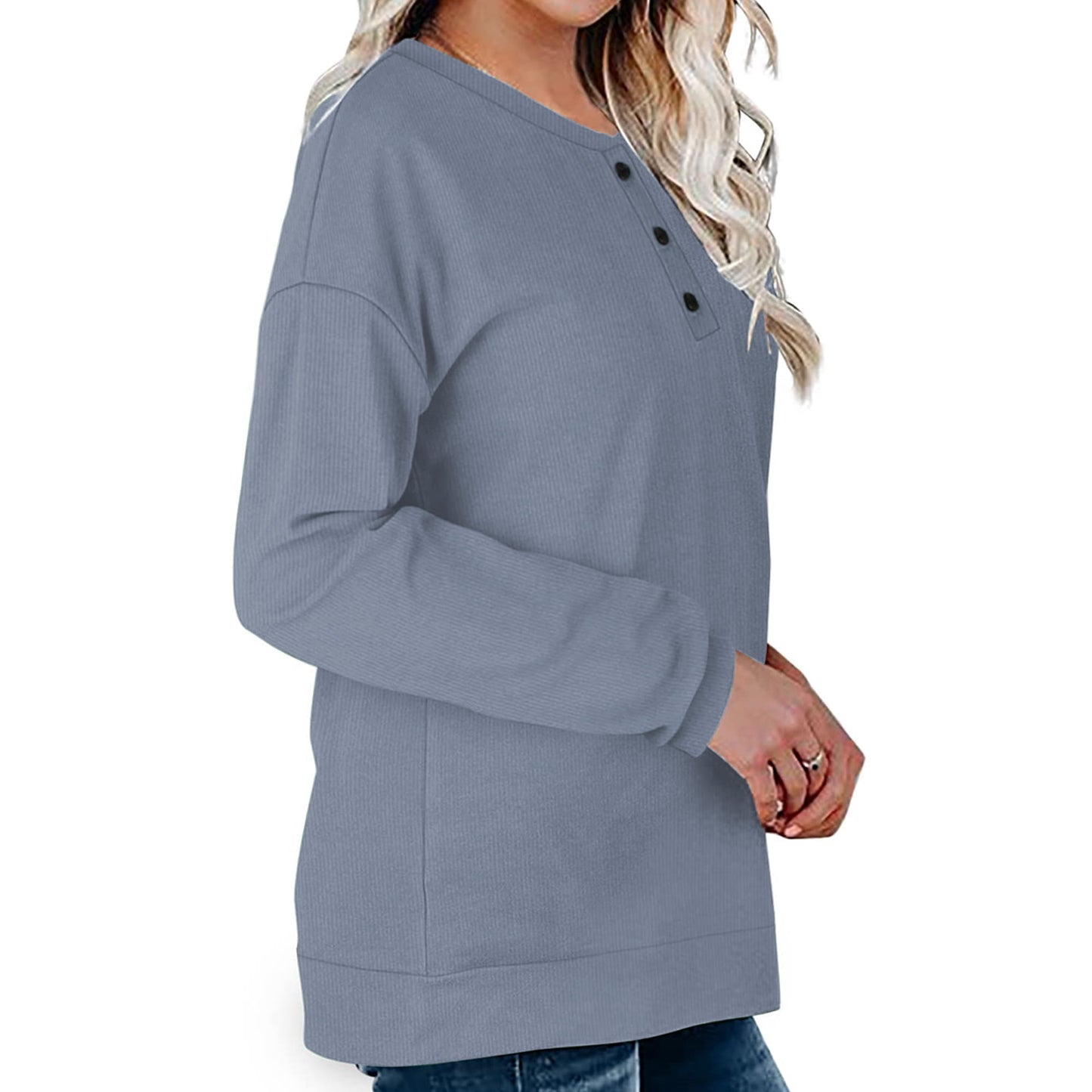 Rosvigor Sweatshirts for Women Henley Shirts Casual Long Sleeve Ribbed Tunic Button Up Tops