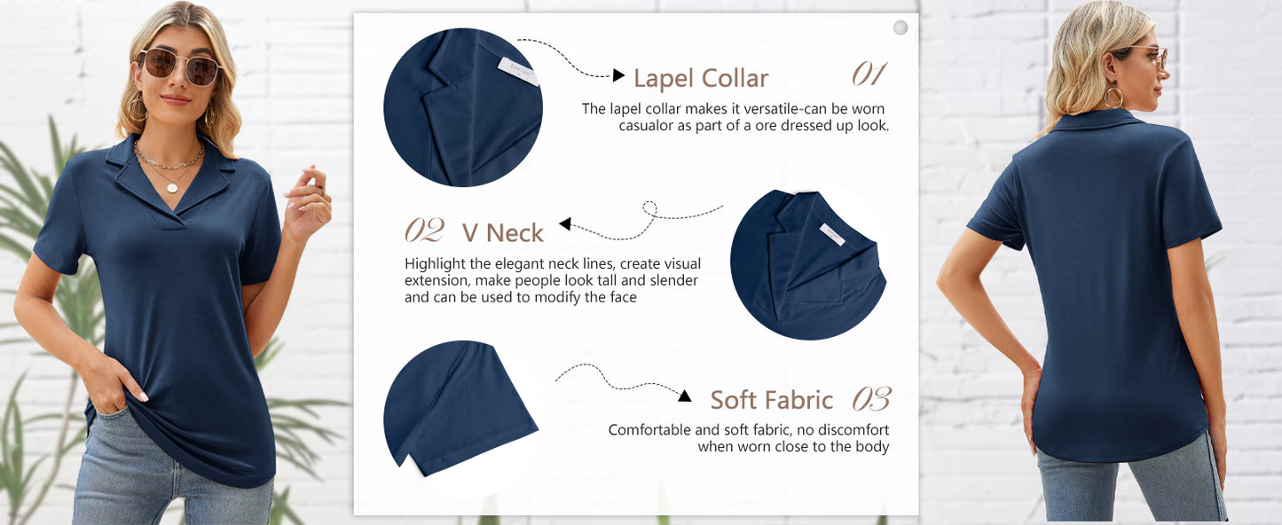 Rosvigor Womens Tops Short Sleeve Polo Shirts for Women V Neck Blouses Summer Tunics Shirts with Collar