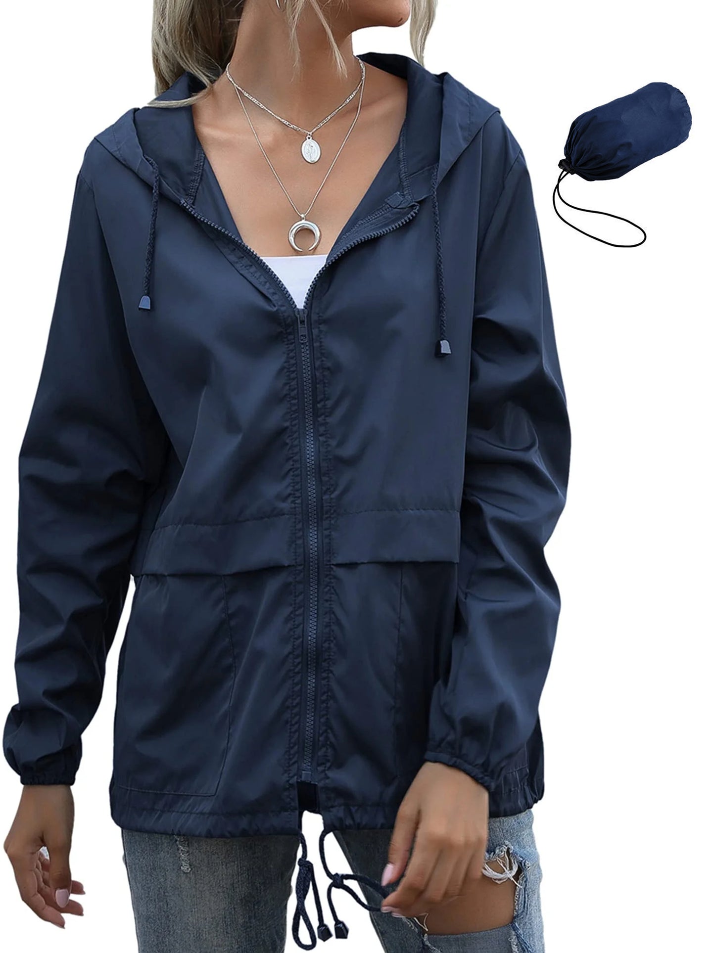 Rosvigor Womens Waterproof Raincoat Lightweight Color Block Jackets Windproof Hooded Jacket with Pockets