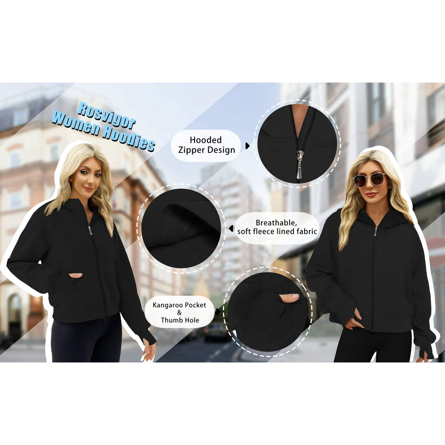 Rosvigor Hoodies for Women Cropped Sweatshirts Women Fleece Oversized Full Zip Jackets Fall Winter Tops