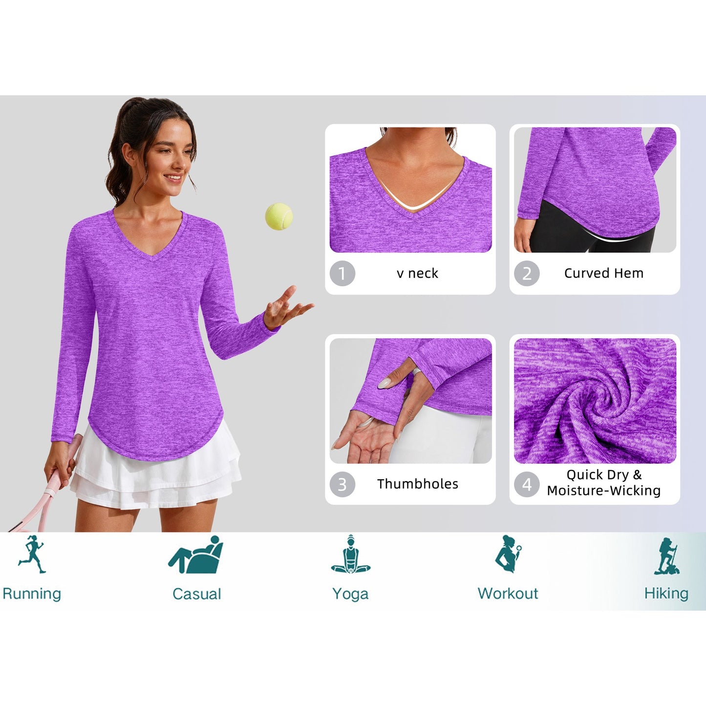 Rosvigor Womens Long Sleeve Workout Tops V Neck Athletic Shirts Quick Dry Running Gym Yoga Tops Loose Fit Activewear