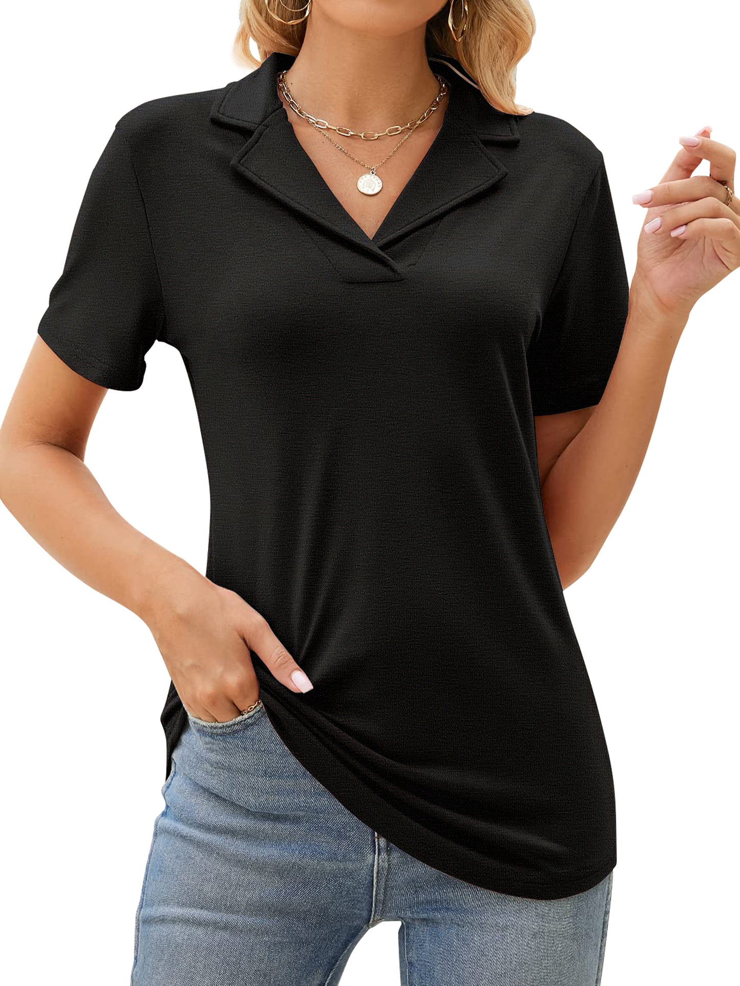 Rosvigor Womens Tops Short Sleeve Polo Shirts for Women V Neck Blouses Summer Tunics Shirts with Collar