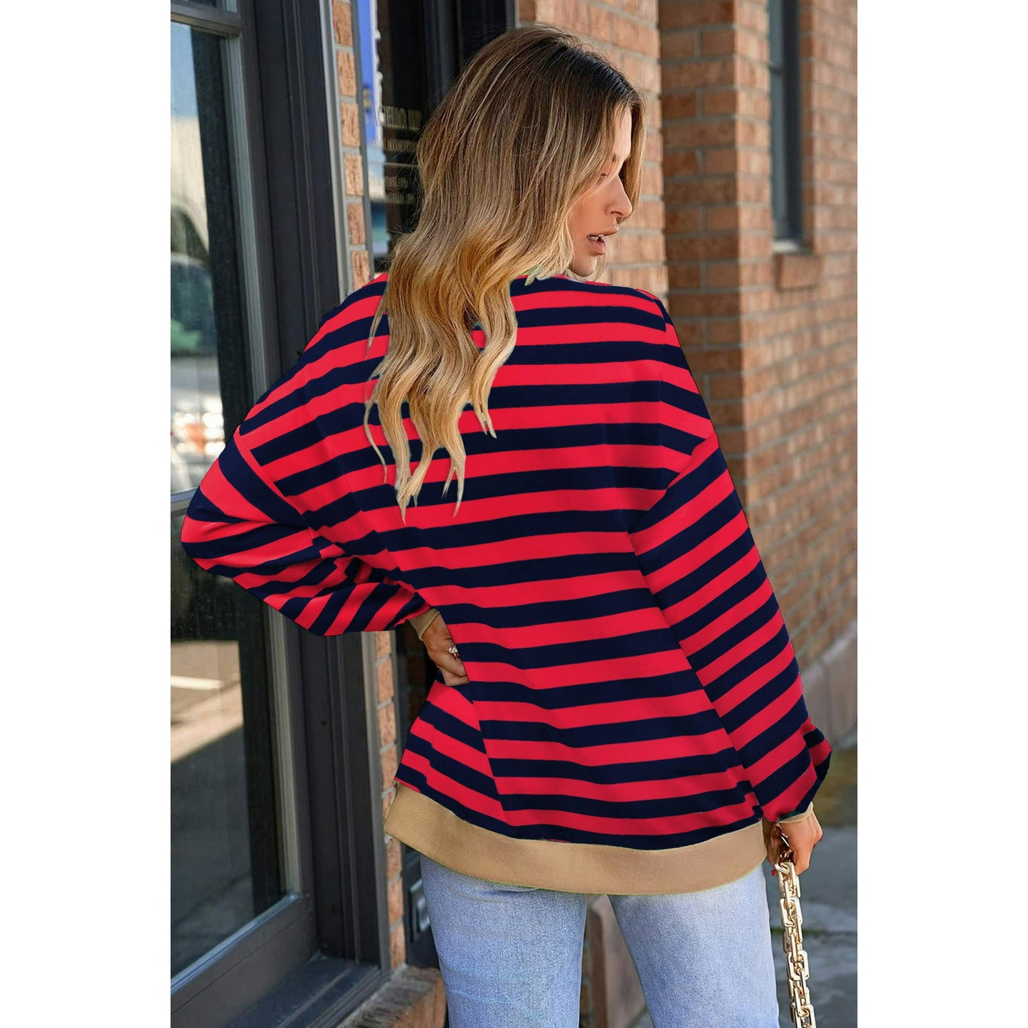 Rosvigor Womens Oversized Sweatshirt Casual Crewneck Long Sleeve Shirts Colorblock Striped Tunic Fall Tops