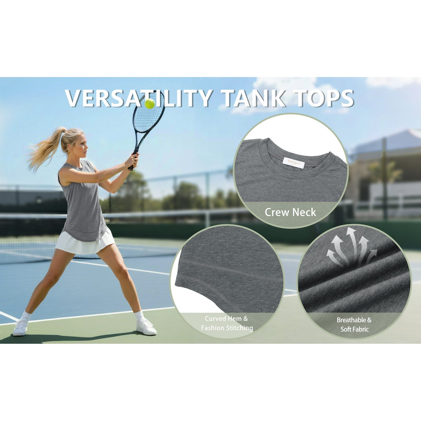 Rosvigior 2 Pack Womens Workout Tank Tops Lightweight Sleeveless Shirts for Women Loose Fit Tops for Athletic Running Tennis Yoga