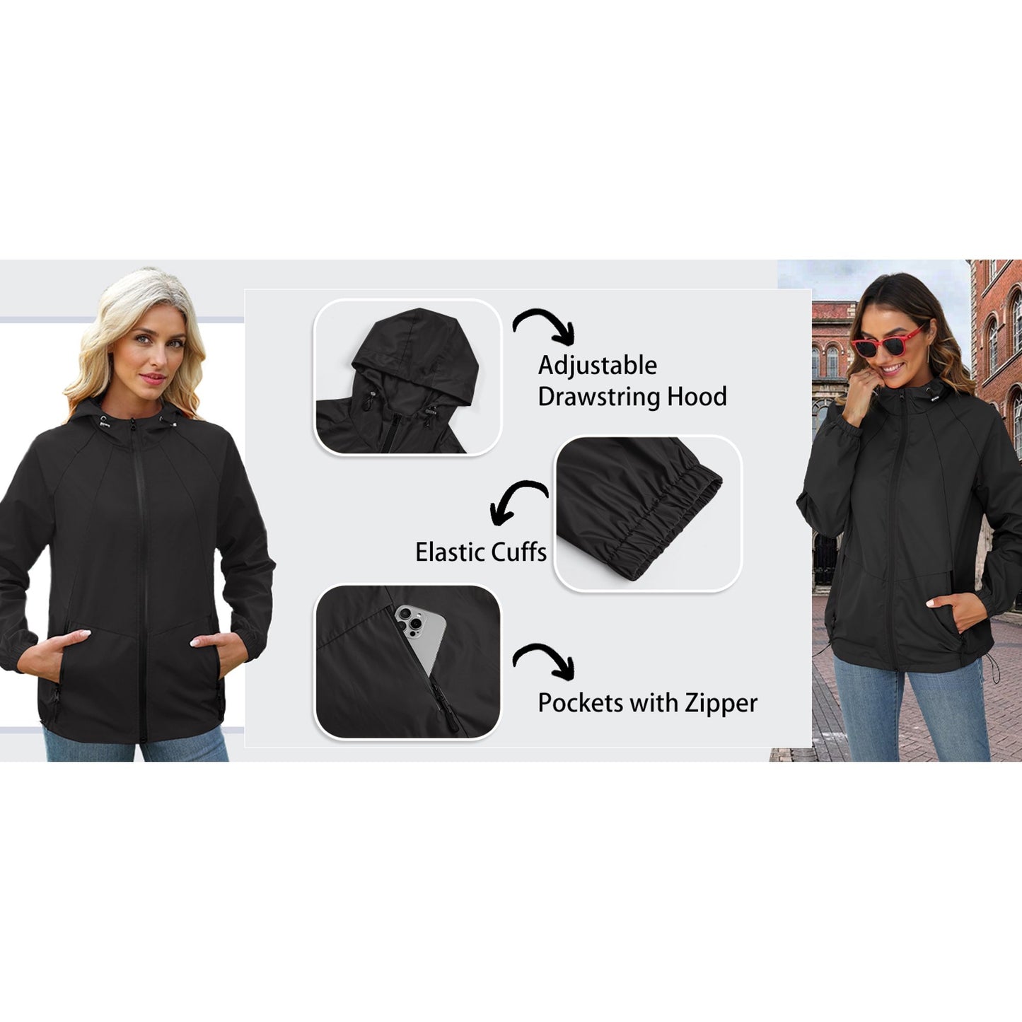 Rosvigor Women Lightweight Jackets Waterproof Raincoat Outdoor Portable Hooded Windbreaker Jackets